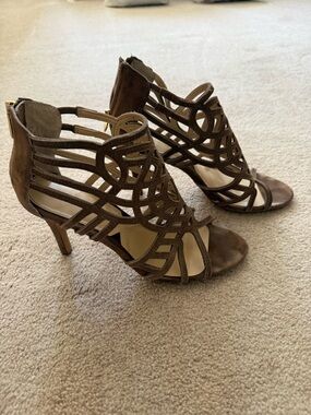 Adrienne Vittadini Brown Laser-Cut Strappy High Heel Sandals